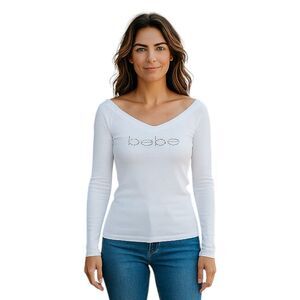 🔃Bebe Logo Swarovski Crystal White Long Sleeve Top